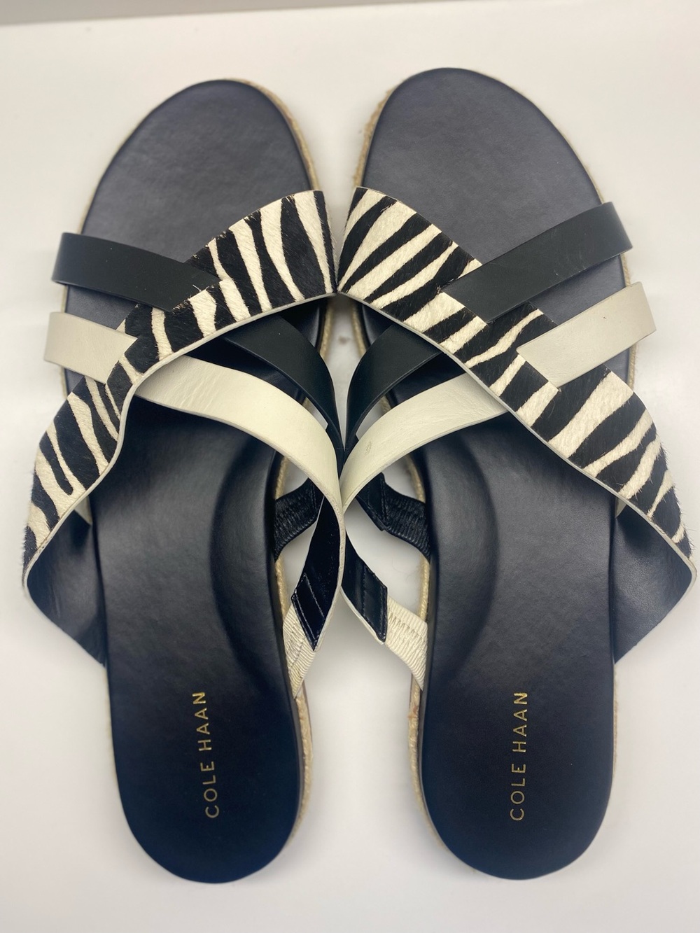 Cole Haan Black & White Zebra-Print Crossband Slide Sandals